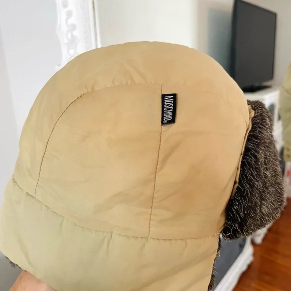 Moschino RARE Vintage 90’s Tan Quilted Logo Winter Trapper Hat